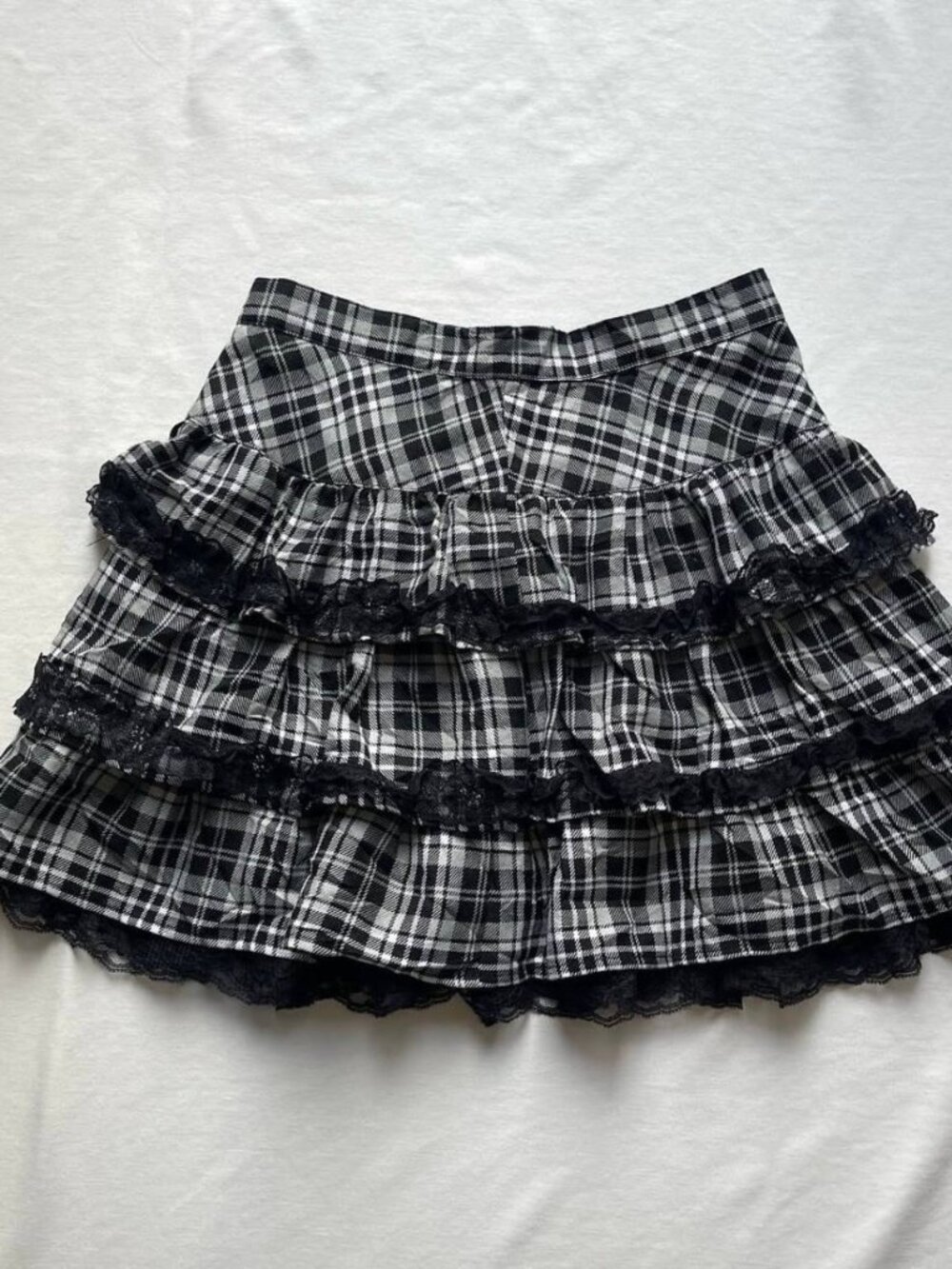 Black & White Plaid Mini Skirt – Tiered Ruffle Lace Trim Y2K Preppy Skirt - Picture 4 of 5